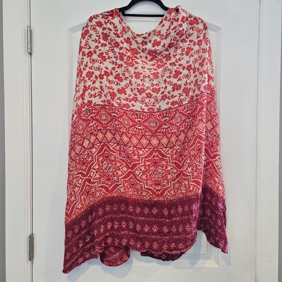 Angie Red White Floral Geometric Boho Crinkle Knee Dress Womens Size L - Picture 4 of 4